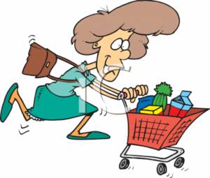 0709 2512 2730 Woman Hurrying With A Shopping Cart Clipart Image 1