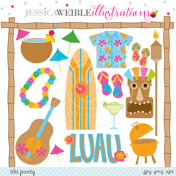 Tiki Party Cute Digital Clipart   Commercial Use Ok   Luau Graphics