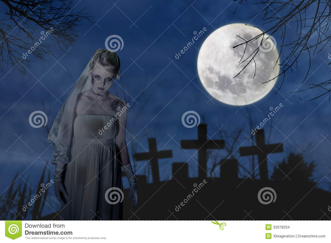 Scene With Creepy Zombie Bride On The Dark Night At Graveyard