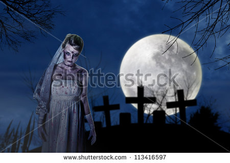With Creepy Zombie Bride On The Dark Night At Graveyard   Stock Photo