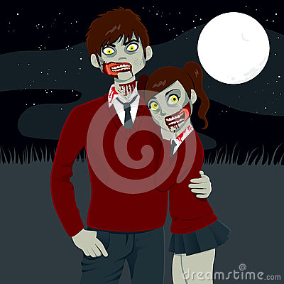 Zombie High School Couple Hugging Together On A Dark Halloween Full
