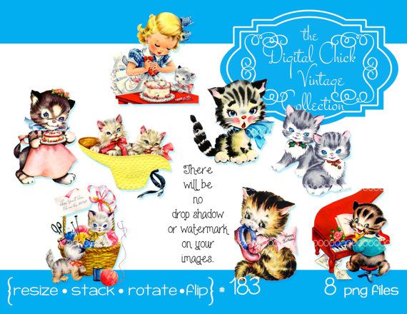 Digital Clipart Instant Download Vintage Kittens Little Girl Play