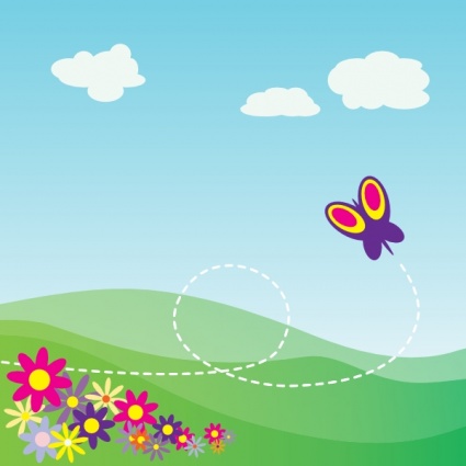Cartoon Hillside With Butterfly And Flowers Clip Art Vector For Free