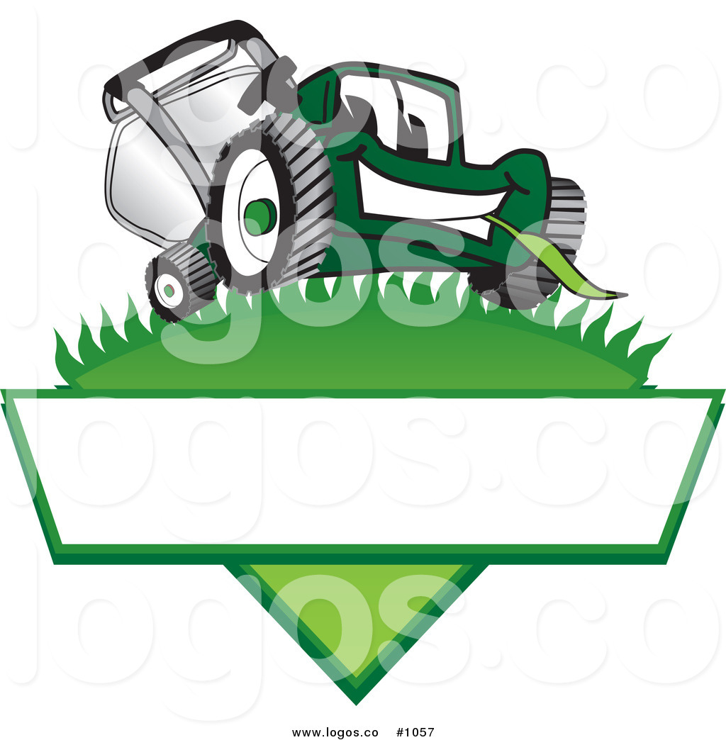 Royalty Free Cartoon Vector Logo Of A Green Lawn Mower Mascot On Grass