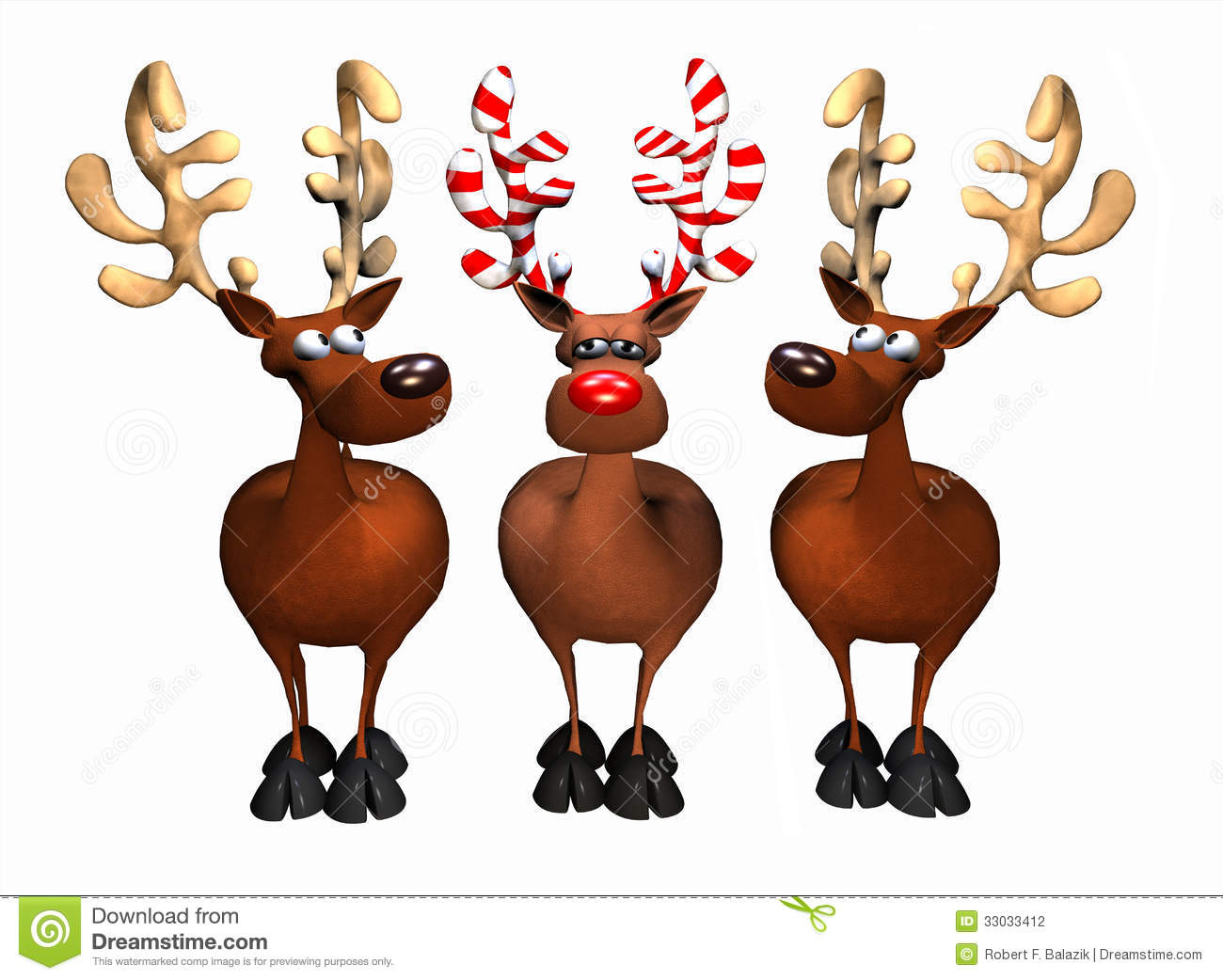 Illustration Depicting Three Reindeer One With Candy Cane Antlers