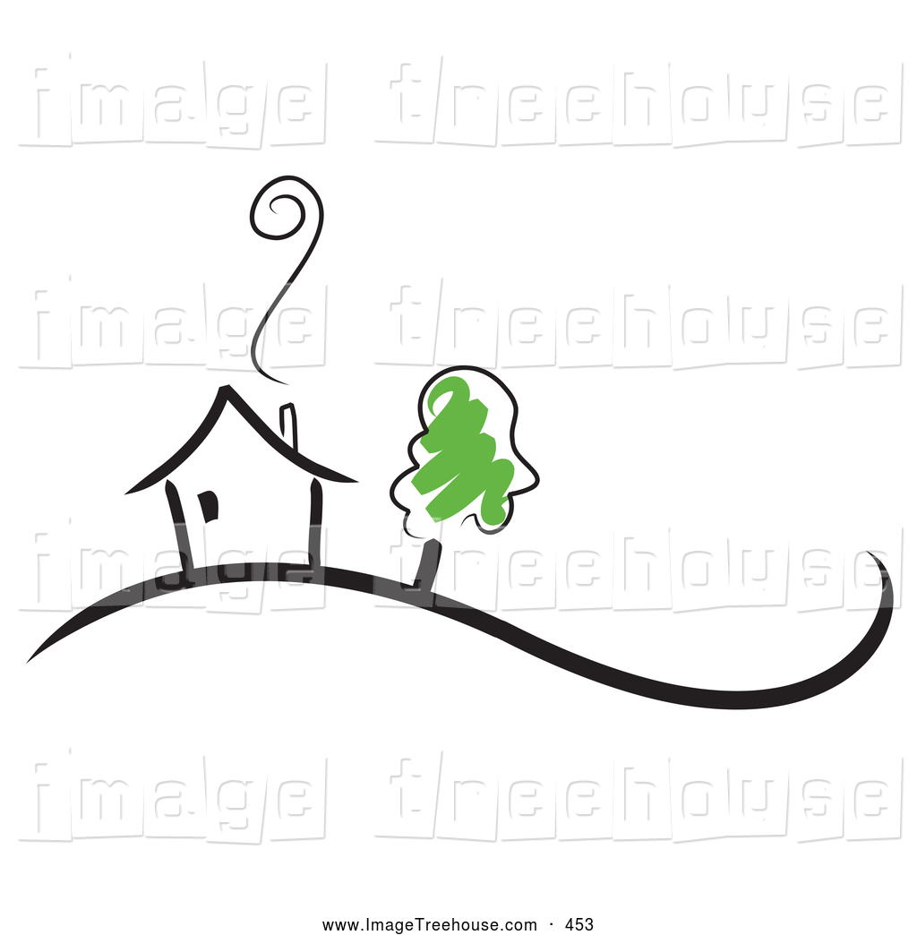 Clipart Of A Growing Tree By A Black Sketched Home With Smoke Rising