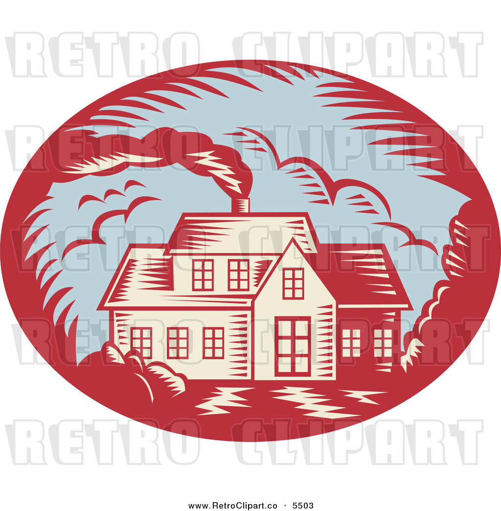 Vector Clipart Of A Retro Woodcut House With Smoke Rising From The