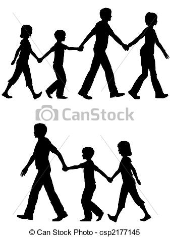 Clipart Vector Of Casual Family Mom Dad Lead Kids And Dog On Walk   On