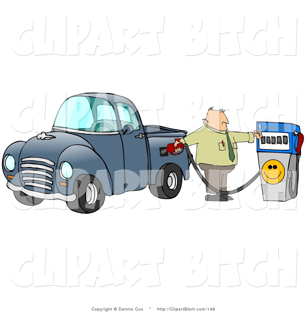Filling Up The Gasoline Tank Of His Blue Pickup Truck At A Gas Station