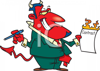 Cartoon Devil Holding A Contract And A Pen   Royalty Free Clipart