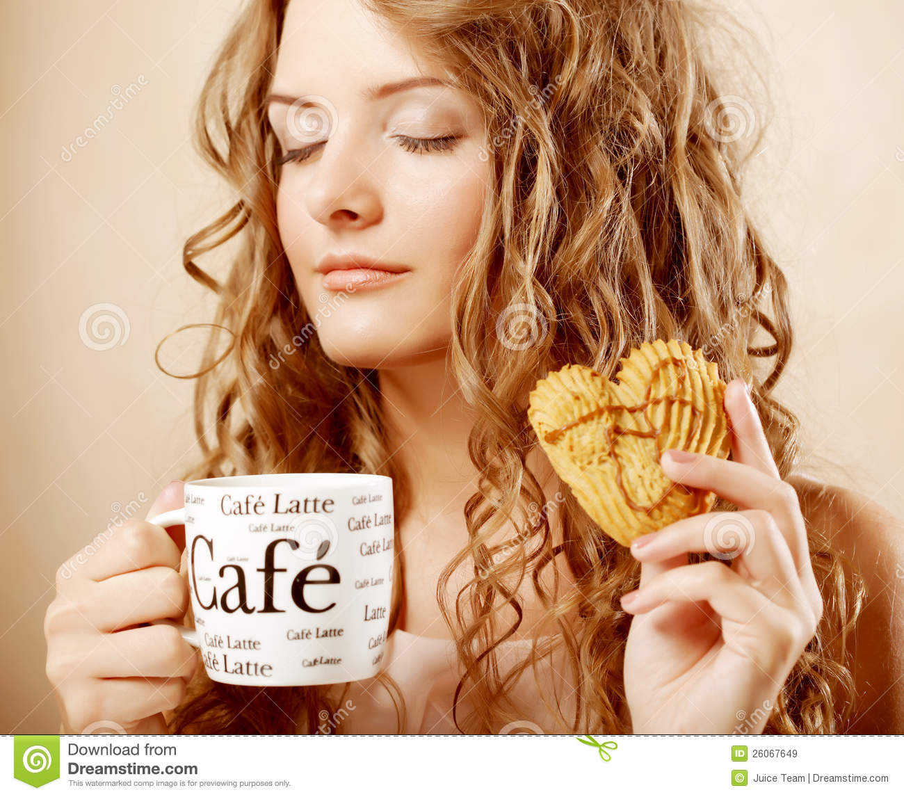 Woman Eating Cookie And Drinking Coffee  Cute Adorable Beautiful Young