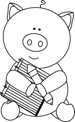 Black And White Pig With Notepad And Pencil Clip Art   Black And White