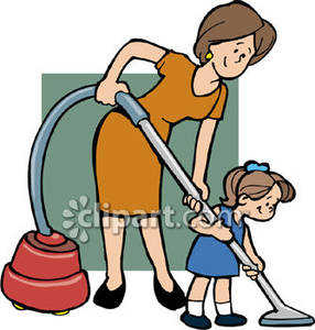 Woman Helping A Girl Vacuum Royalty Free Clipart Picture