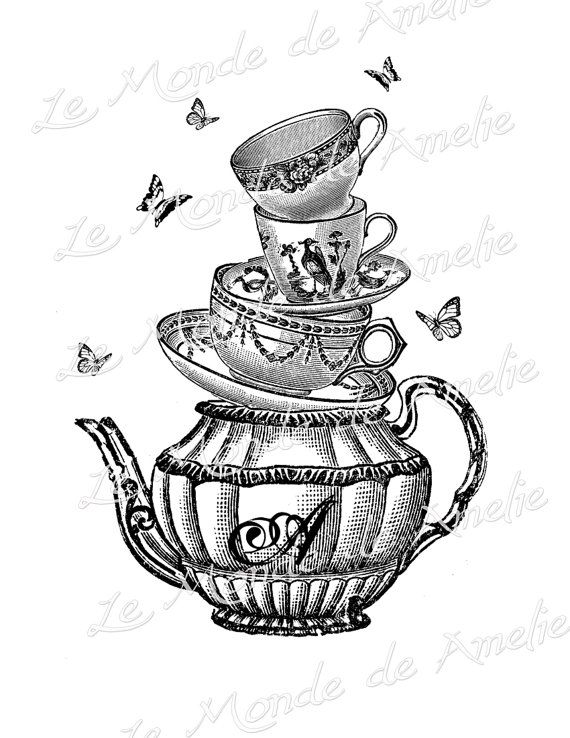 Tea With Alice Wonderland Tea Cup Mad Hatter Fantasy Graphic Art