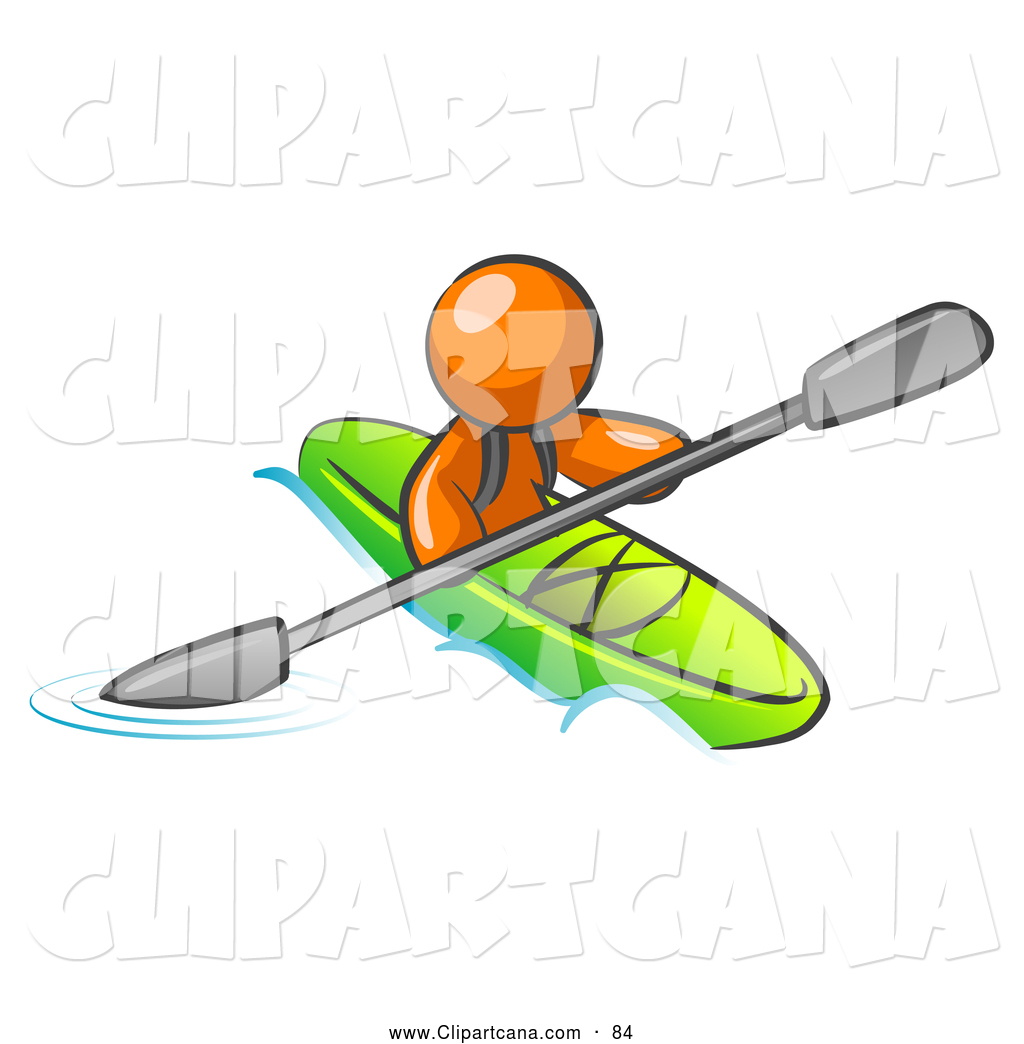 Shiny Orange Man Paddling Down A River In A Green Kayak Shiny Orange