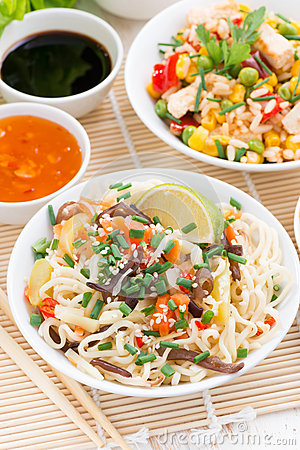 Asian Food   Noodles With Vegetables And Greens Fried Rice With Tofu