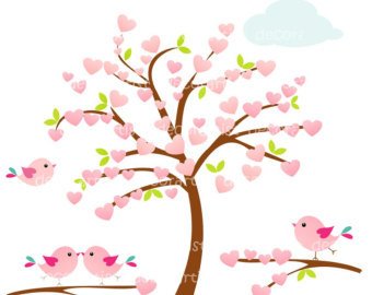 Tree Clip Art Heart Tree And Birds  Tree Flowers Birds Instant