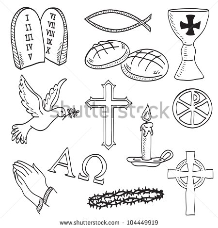 Christian Hand Drawn Symbols Illustration   Cross Hands Fish