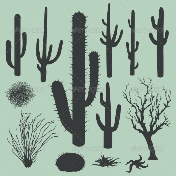 Vector Set Of Silhouettes Of Cactus   Landscapes Nature