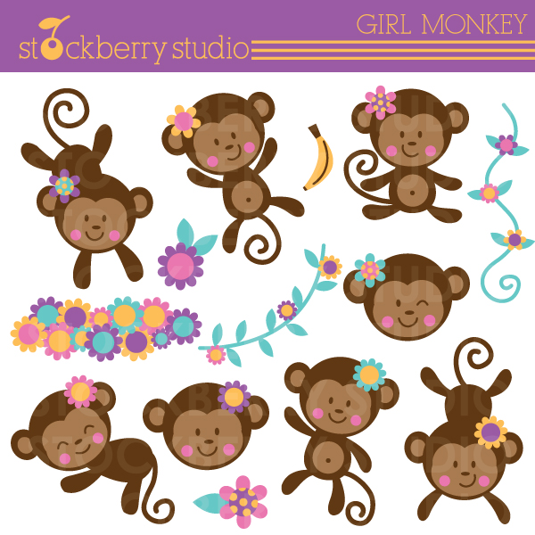 Girl Monkey Clipart Set  14 Clipart Designs