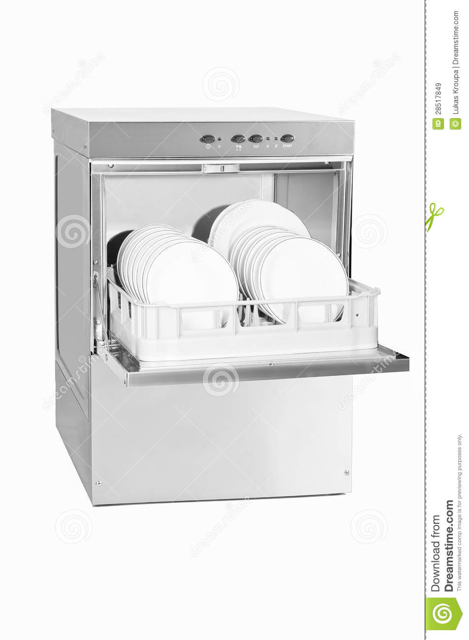 Dishwasher With Opened Door On White Background With Plates