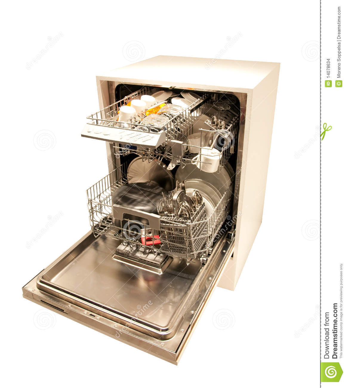 Modern Dishwasher Open Filled With Dishes And Cutlery Isolated On