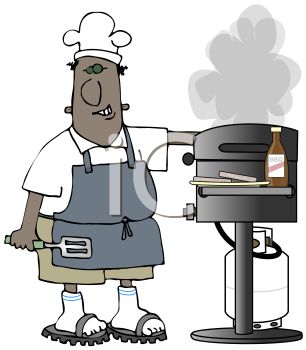 Cartoon Of A Black Dad Grilling Burger   Royalty Free Clip Art Picture
