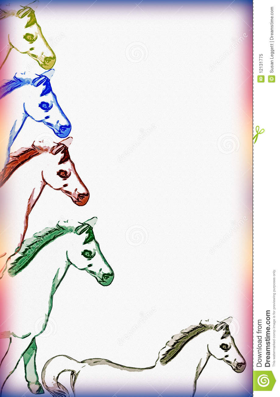 Border Of Colorful Horses On A Textured Paper With Pastel Edge
