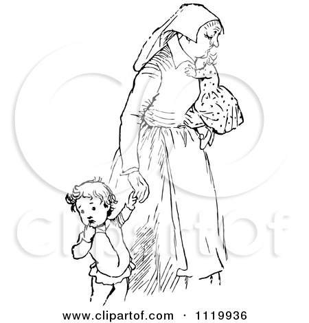 Clipart Of A Retro Vintage Black And White Tired Mother With Children