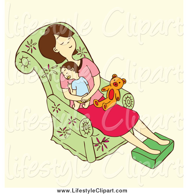 Lifestyle Clipart Of A Tired Mom Napping With Her Baby On A Chair By