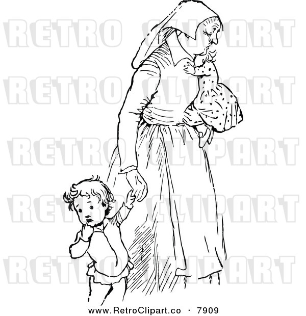 Vector Clipart Of A Retro Black And White Tired Mother With Children