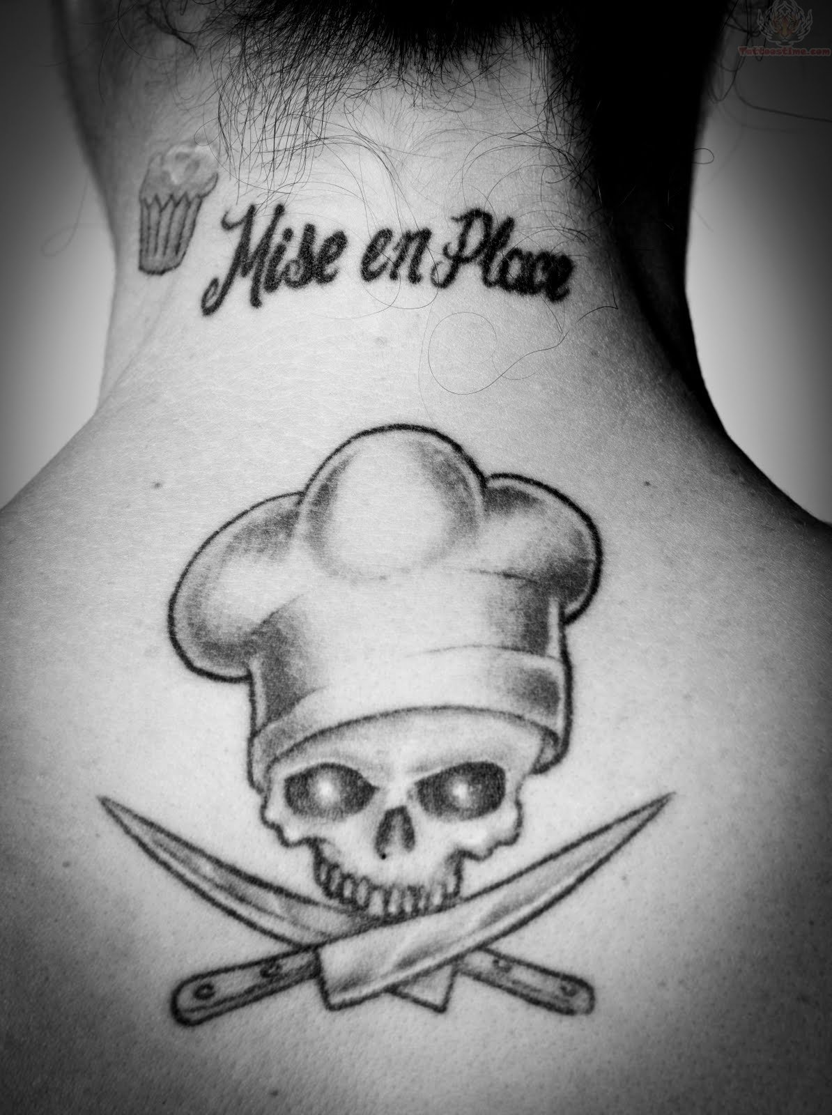 Chef Skull And Knife Tattoos On Upperback