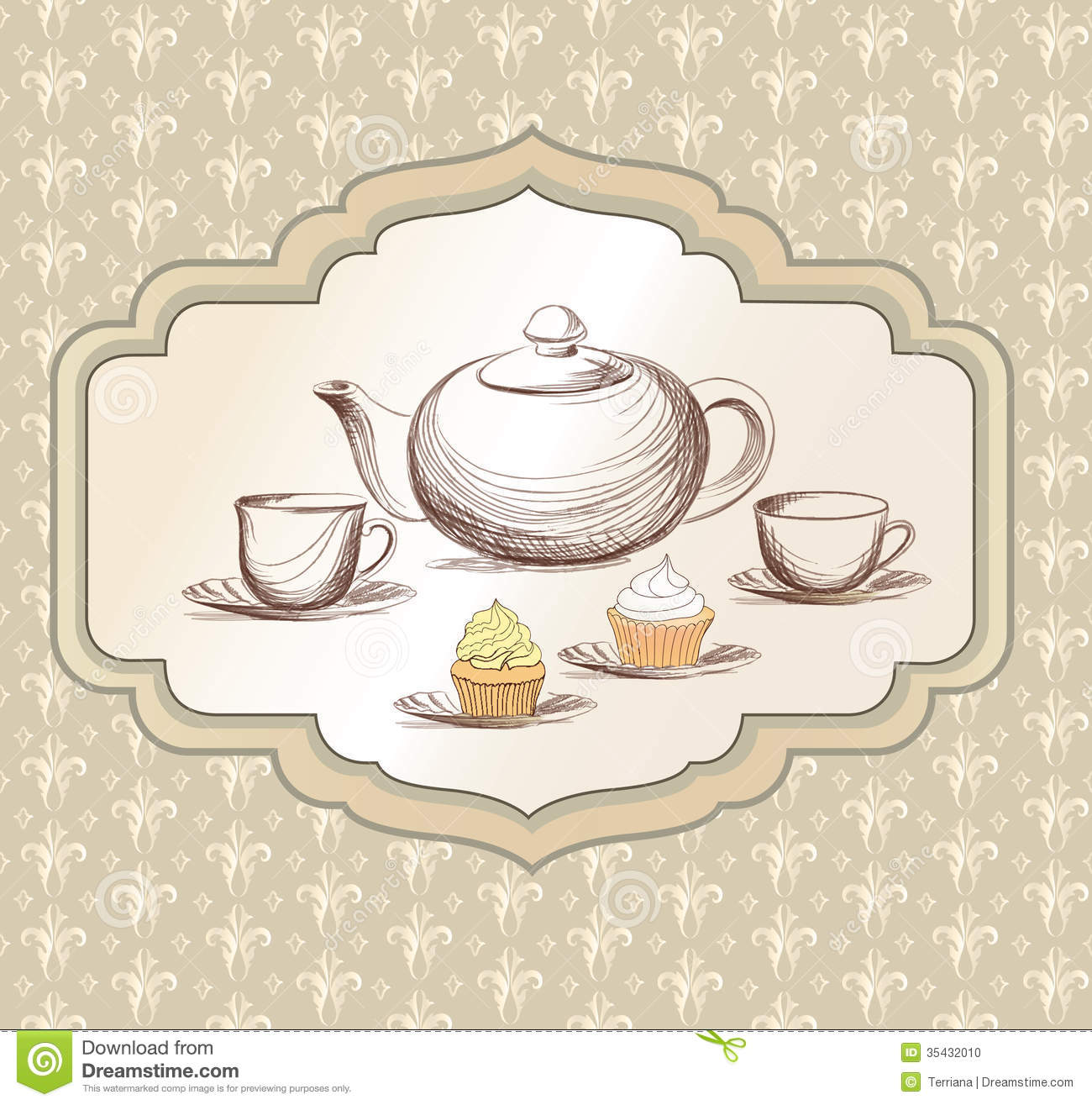 Tea Cup And Pot Label In Vintage Style On Floral Seamless Victorian