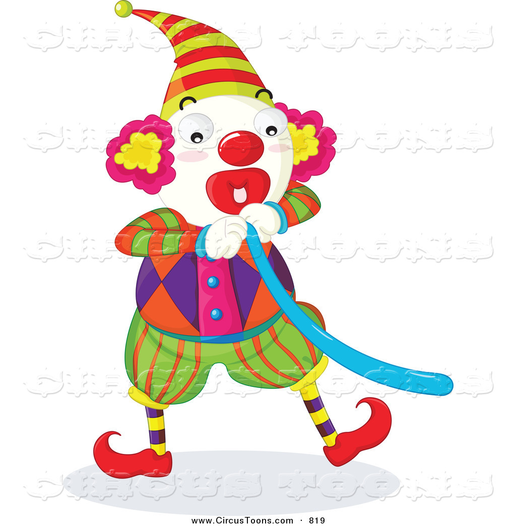 Circus Clown Blowing Up A Blue Balloon Happy Circus Clown With A Jump