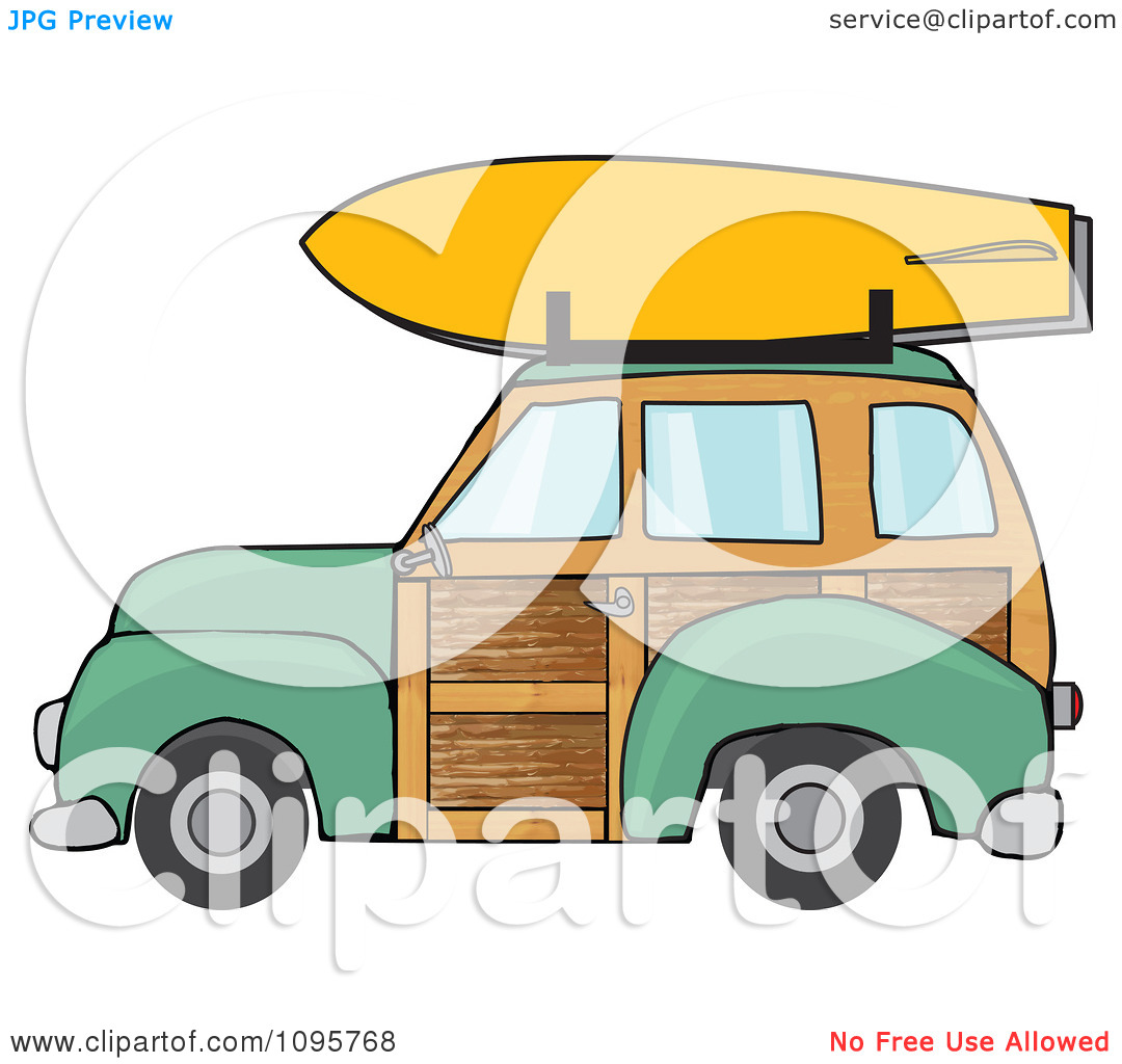 Clipart Green Woodie Station Wagon With A Surfboard On Top   Royalty