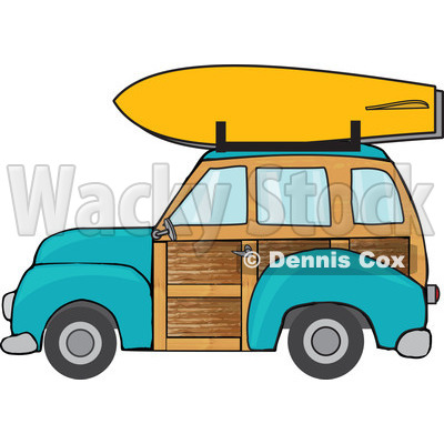 Clipart Turquoise Woodie Station Wagon With A Surfboard On Top