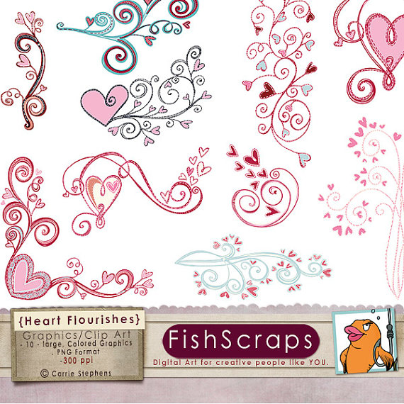 Heart Clip Art   Heart Flourish   Valentine Clipart   Love Digital