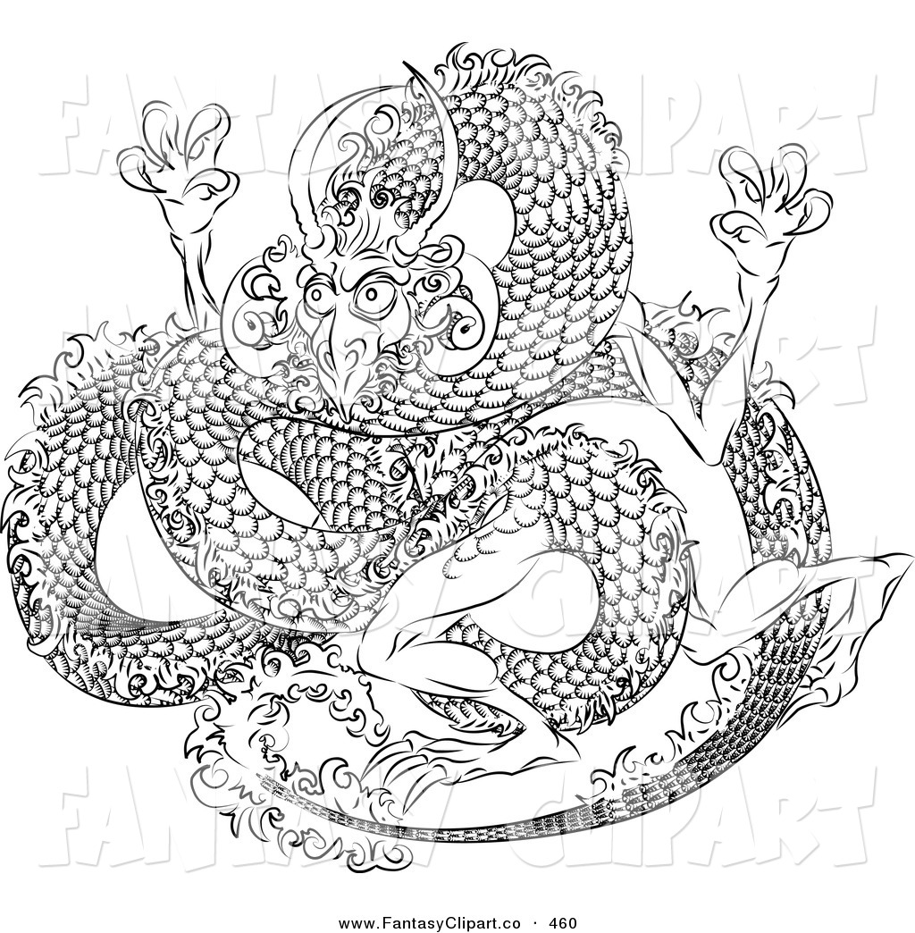 Art Of A Black And White Coloring Page Outline Of A Japanese Dragon