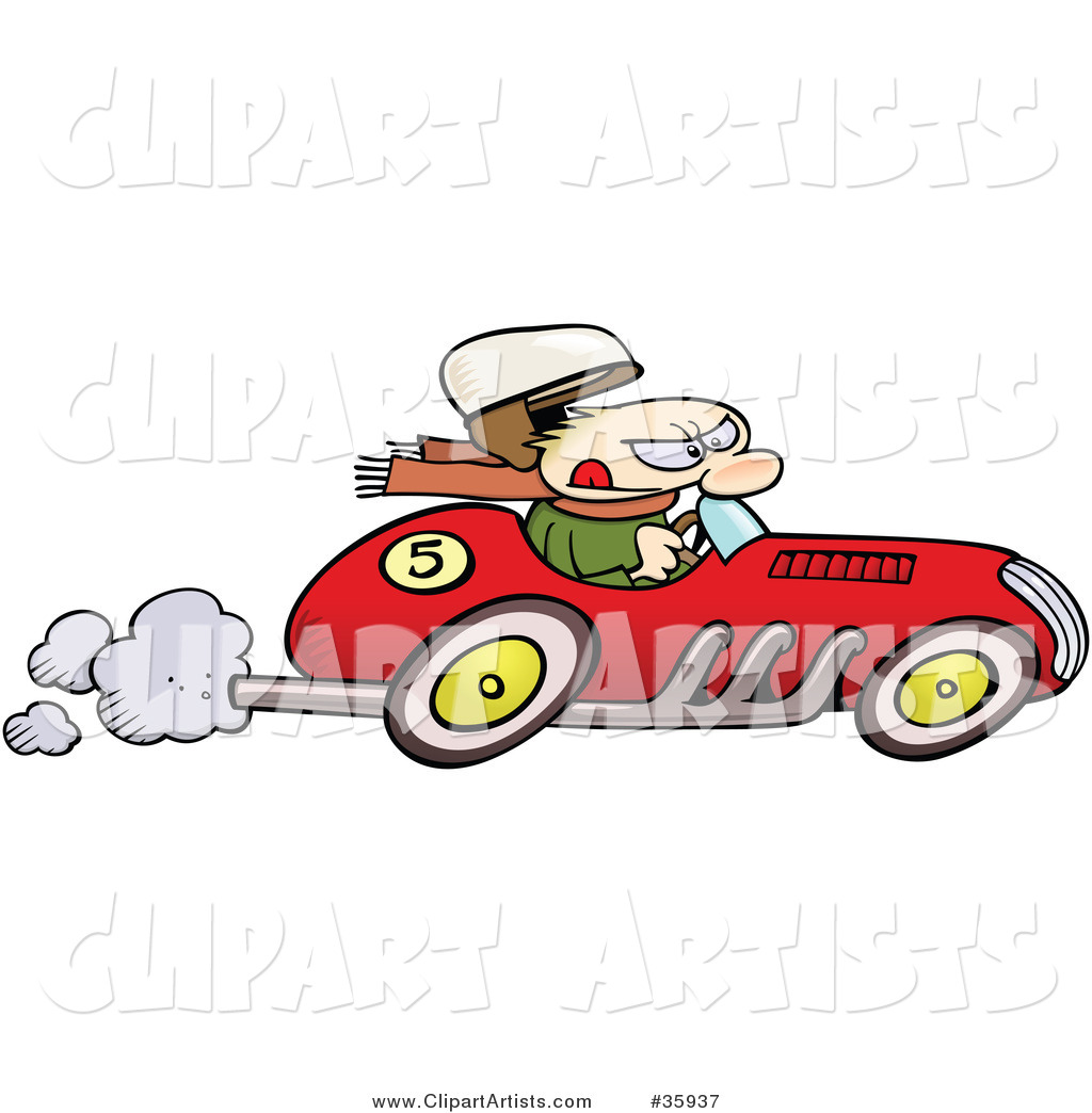 Caucasian Man S Hat Flying Off As He Races A Vintage Red Race Car