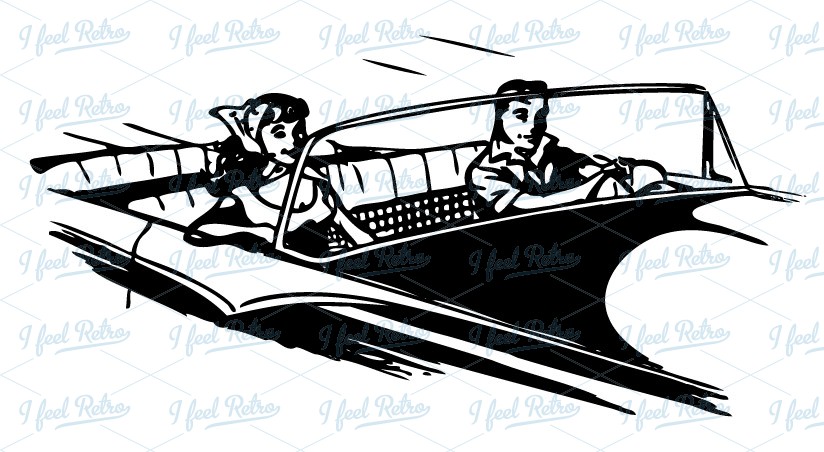 Retro Clipart  Young Couple In Convertible   Authentic Vintage