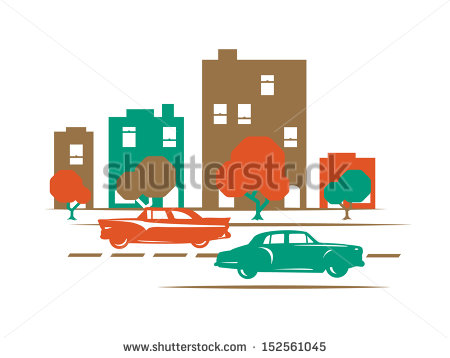 Two 50 S Automobiles Cruising Down Main Street With Buildings And