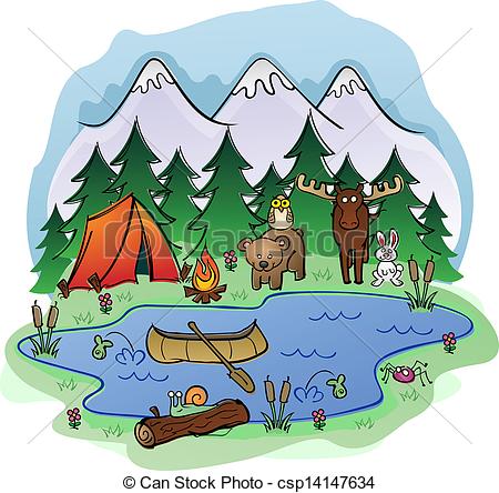 Day Camping Scene In The Forest And Mountains With A Group Of