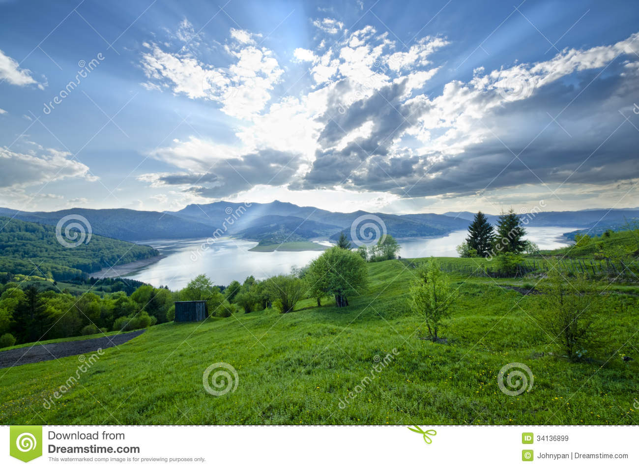 Rural Scene Of Mountain And Lake At Summer Romanian Carpathians