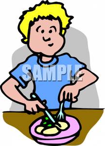 Boy Cutting Up Food And Chewing   Royalty Free Clipart Picture