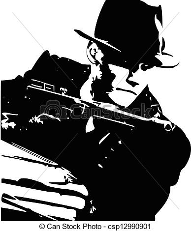 Vector Clipart Of Mafia   Man In A Black Suit And A Hat With A Gun In