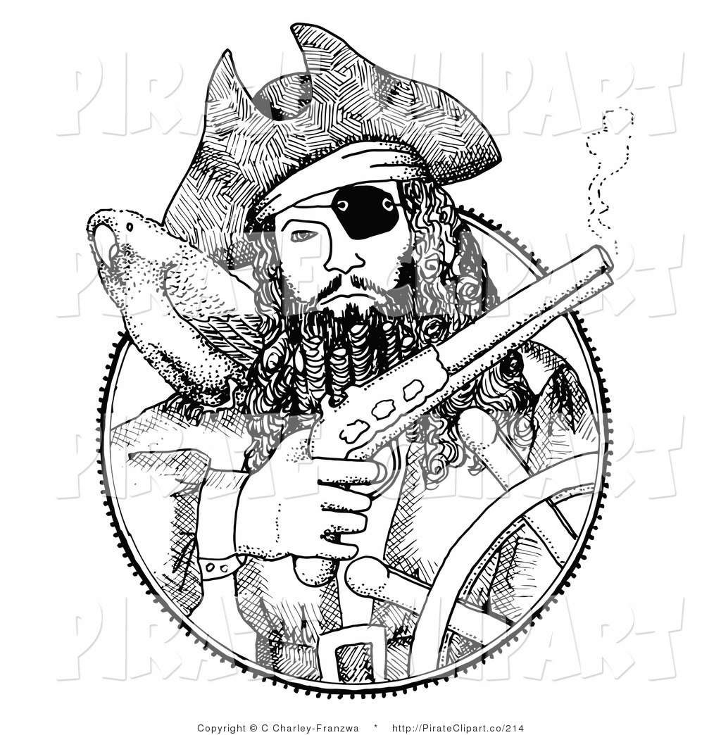 Vector Clip Art Of A Black And White Medallion Of A Pirate Man
