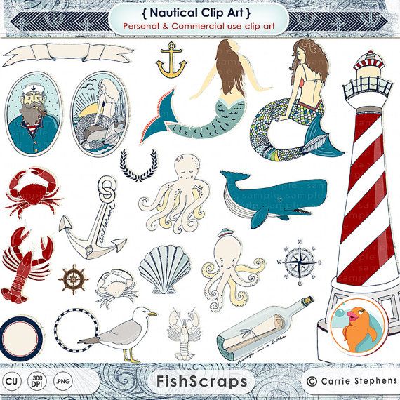 Nautical Clip Art   Mermaid Clipart   Summer Beach Digital Graphics By