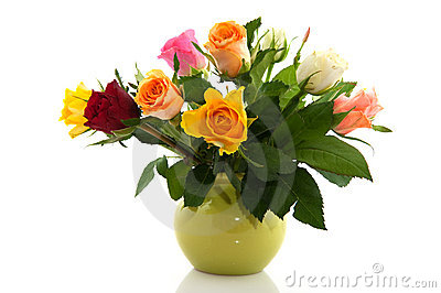 Bouquet Colorful Roses In Green Vase And White Background