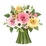 Bouquet Of Colorful Roses And Anemone Flowers  Vector Illustration