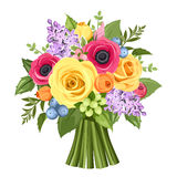 Bouquet Of Colorful Roses Anemones And Lilac Flowers  Vector